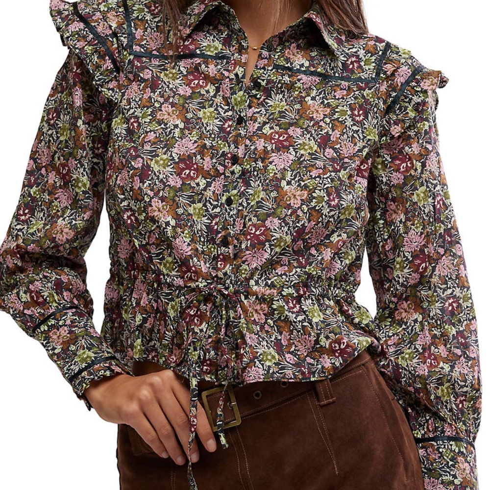 Free People Floral Button-Up Blouse with Ruffle Details